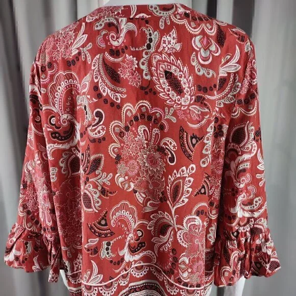 Ann Taylor Muted Red Clay Paisley Patterned Cotton Blend Bell Sleeve Top Size XL - Picture 4 of 12